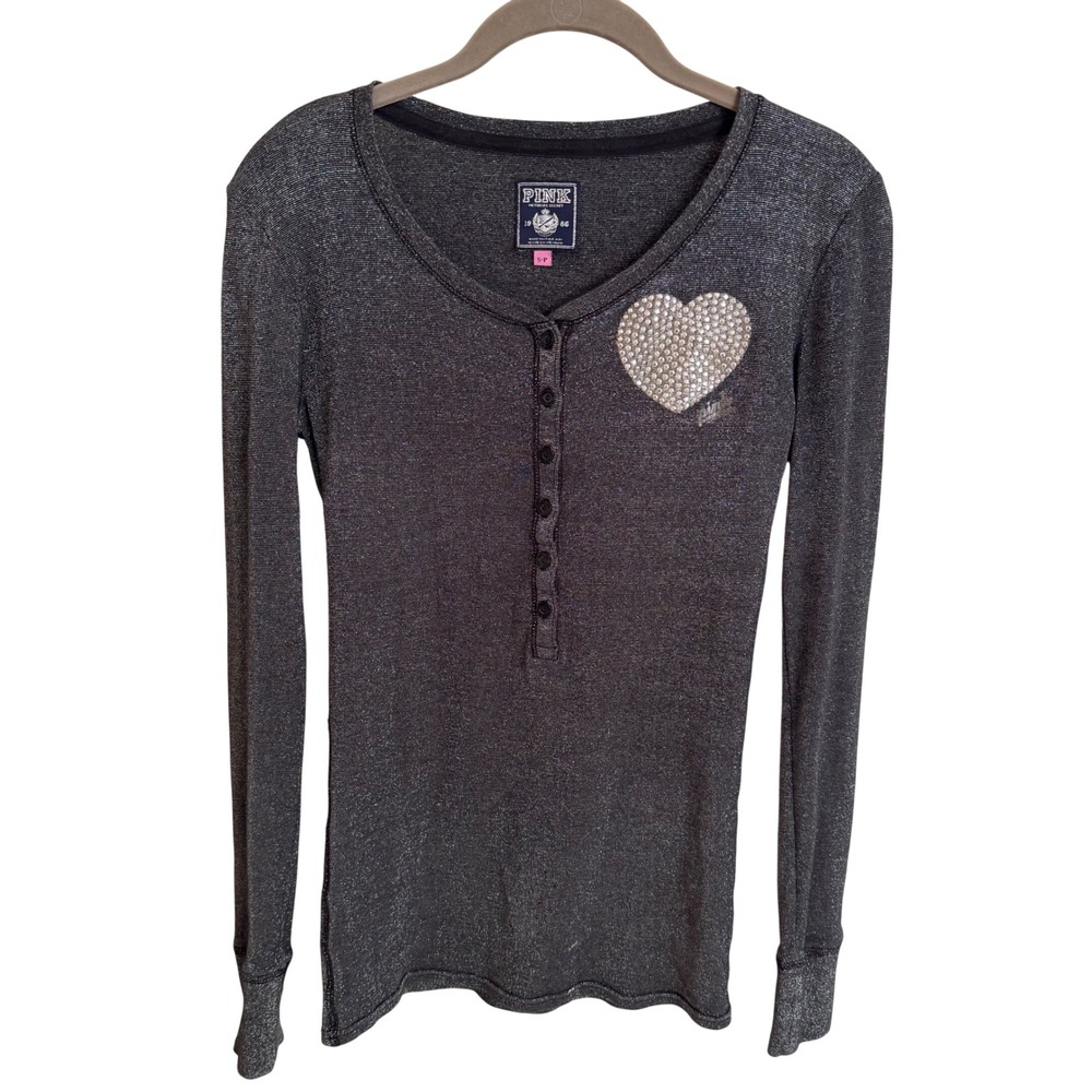 Y2K 2009 PINK Victoria's Secret Metallic Henley Top Gray Rhinestone Heart Small